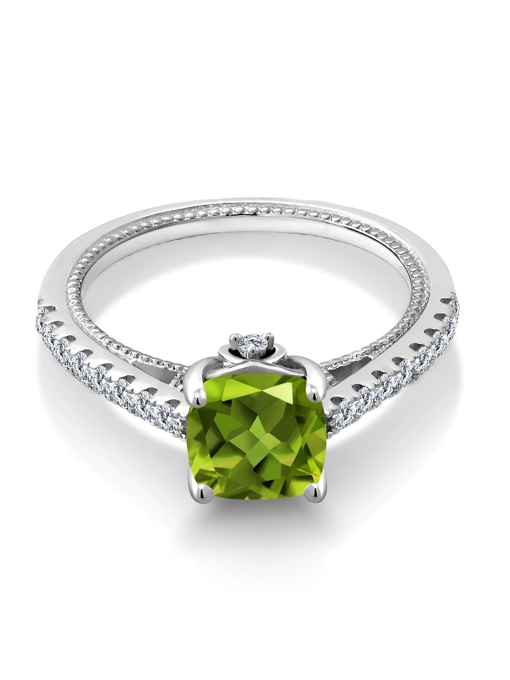 925 Sterling Silver Green Peridot and White Created Sapphire Engagement Ring (2.00 Cttw, Cushion) O128