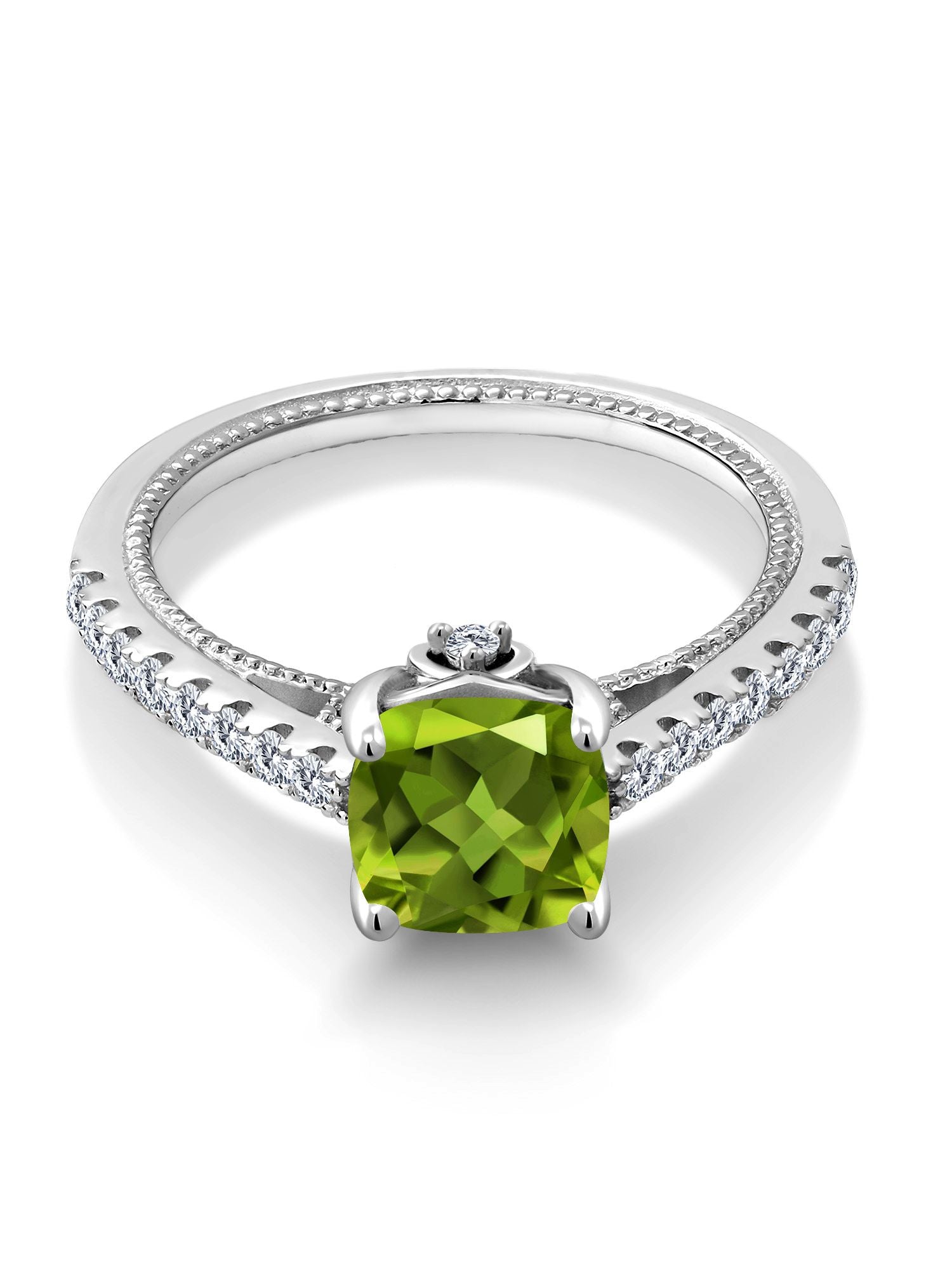 925 Sterling Silver Green Peridot and White Created Sapphire Engagement Ring (2.00 Cttw, Cushion) O128