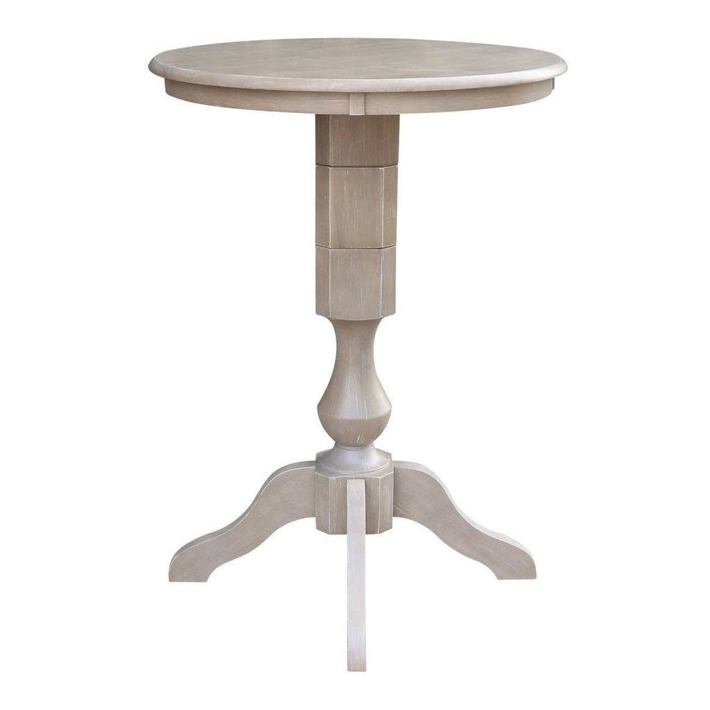 Washed Gray Taupe Round Pedestal Bar Height Table with 2 Bar Height Stools B567