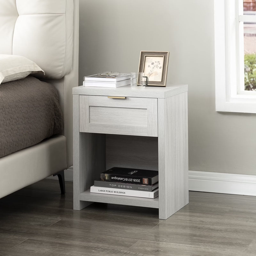 Pale Oak Nightstand with Drawer and Storage Shelf P42250