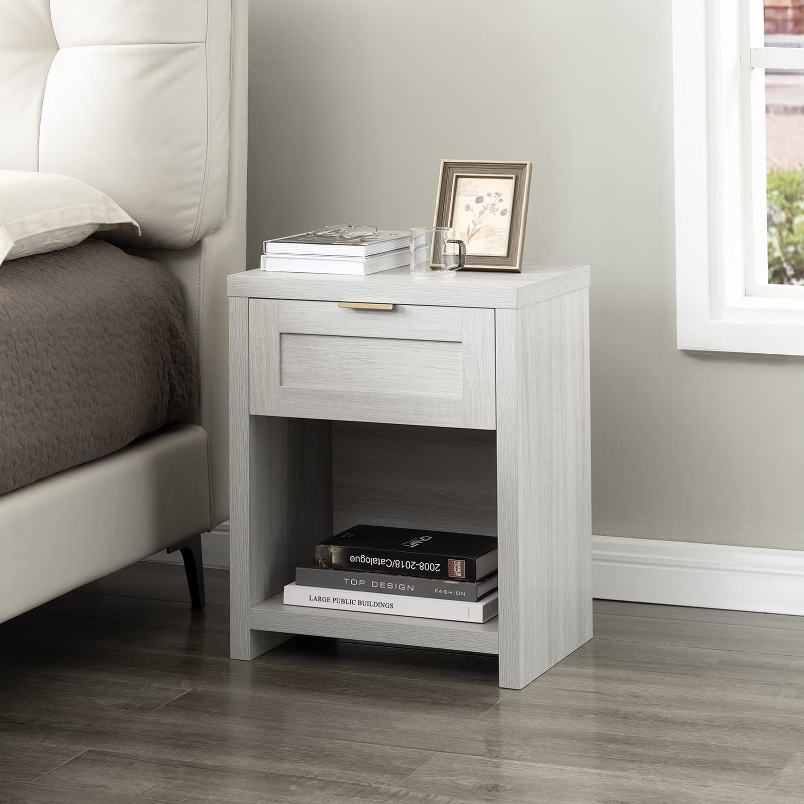 Pale Oak Nightstand with Drawer and Storage Shelf P42250