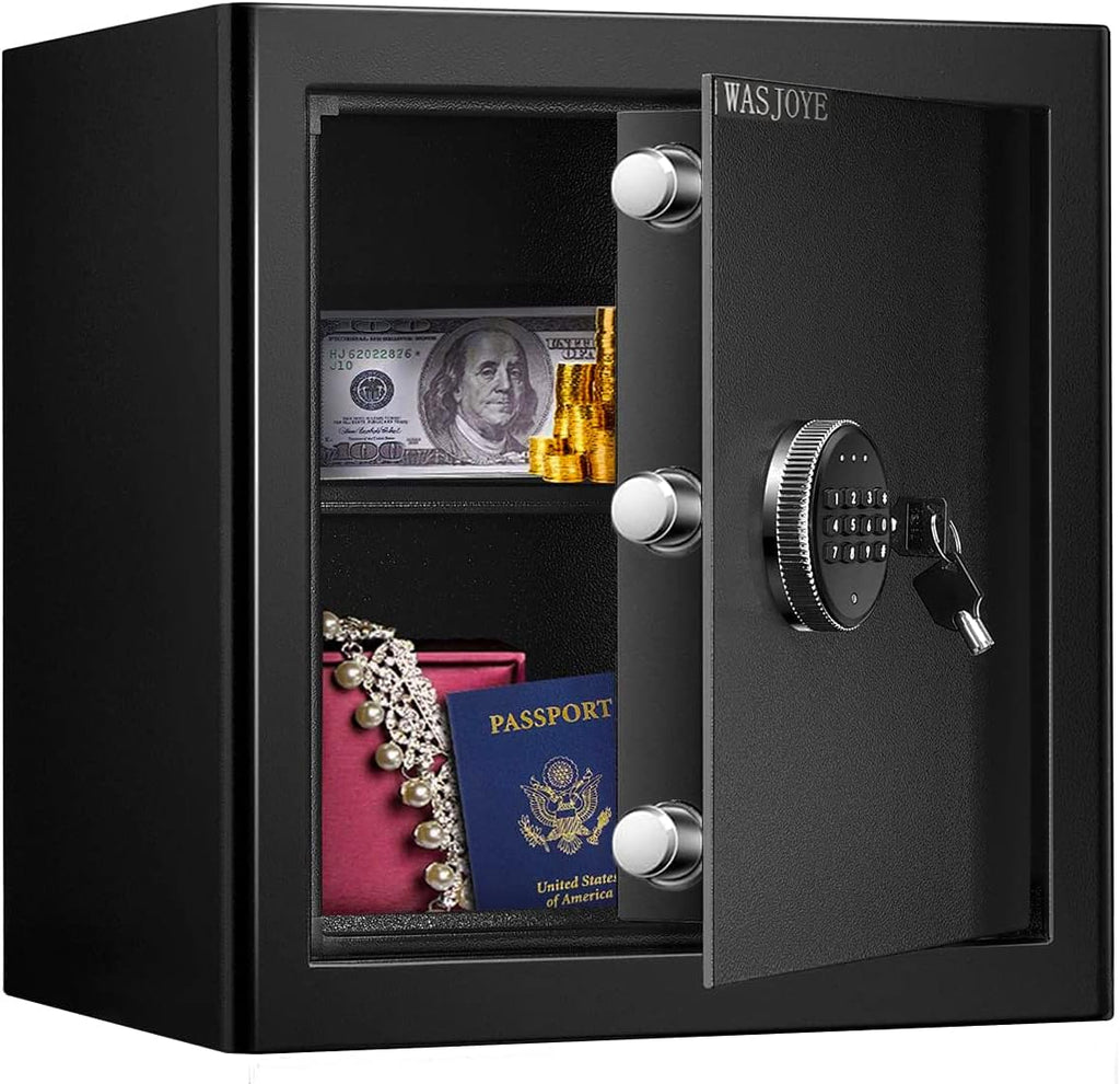 Security Safe Cash Box with Double Digital Keypad Key Lock (13.78 x 9.85 x 9.85 Inch) Z570146