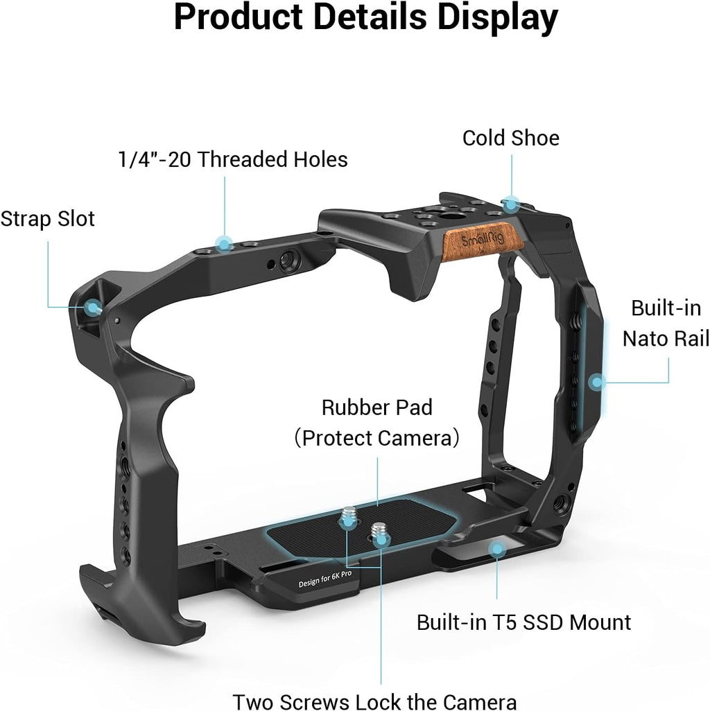 Full Cage for Blackmagic Pocket Cinema Camera 6K Pro with NATO Rail and Cold Shoe Mount E25001