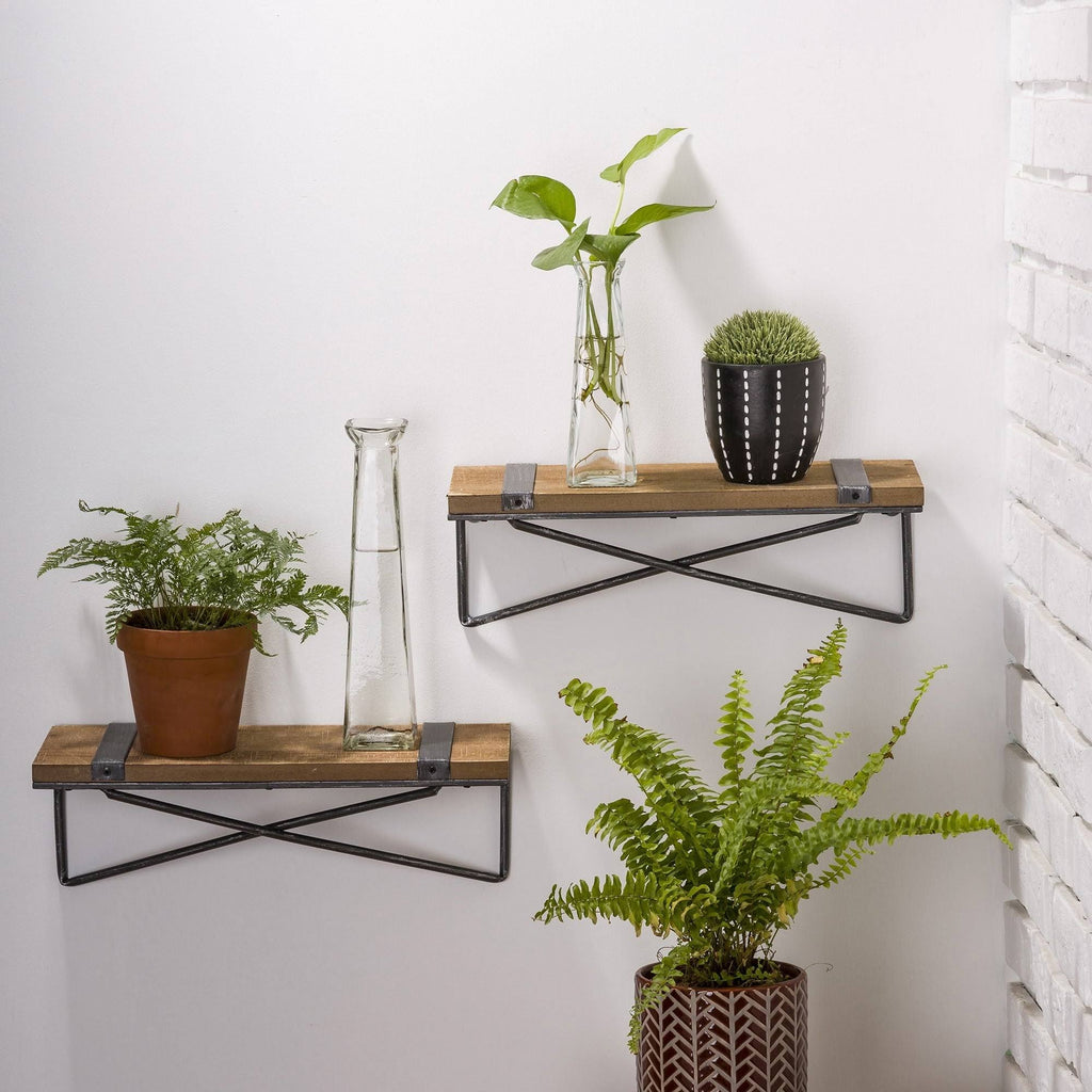 Farmhouse Rustic Metal Wooden Wall Shelf Set of Two E2866