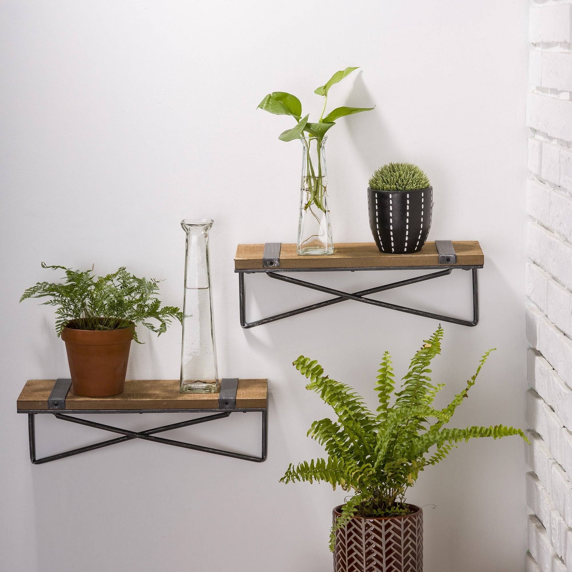 Farmhouse Rustic Metal Wooden Wall Shelf Set of Two E2866
