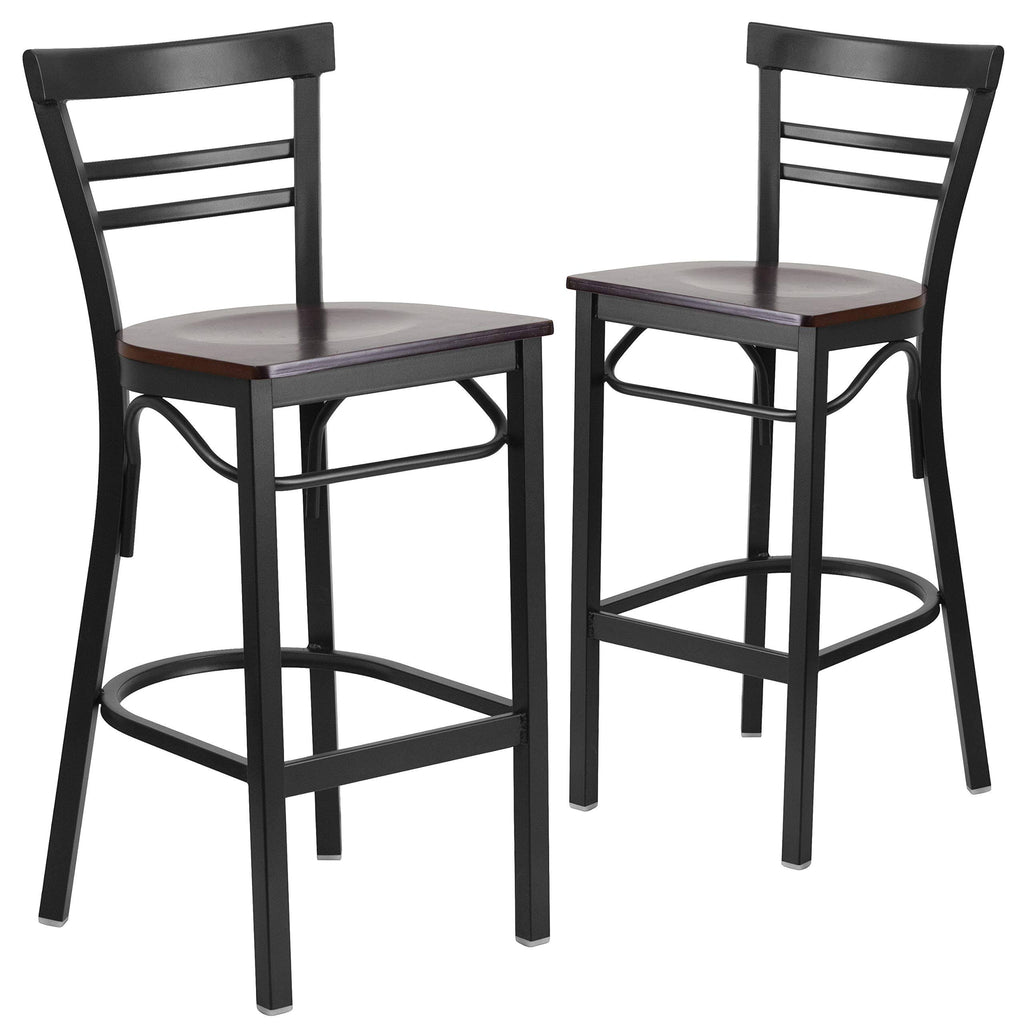 Black Ladder Back Metal Barstool with Walnut Wood Seat D195816