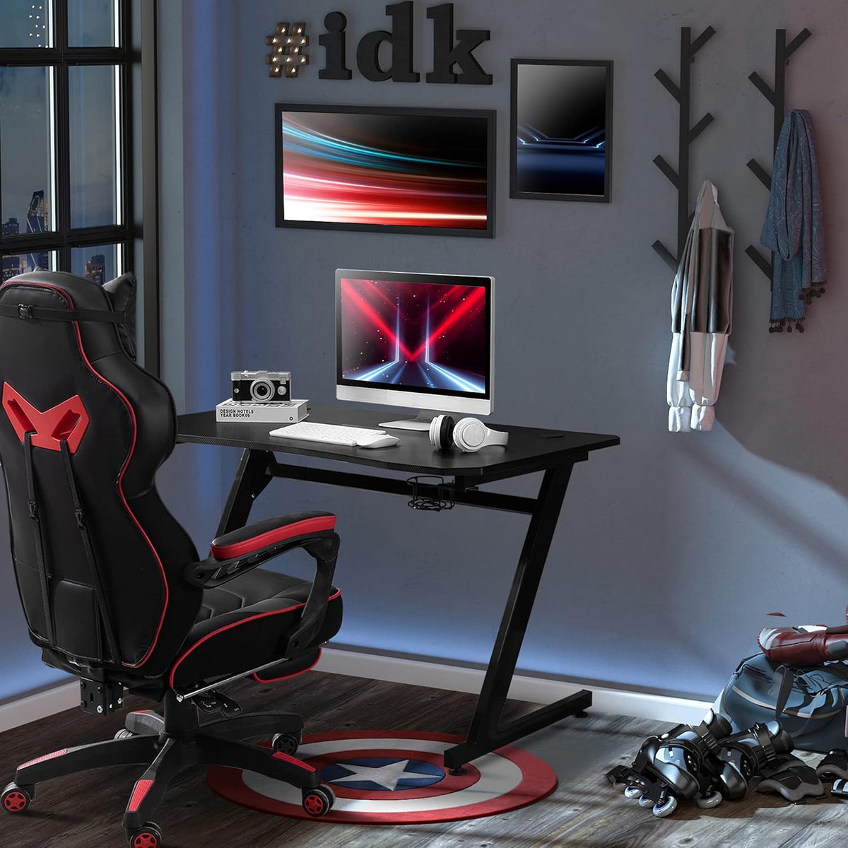 Black Gaming Desk with Cup Holder, Headphone Hook, Cable Management C8220