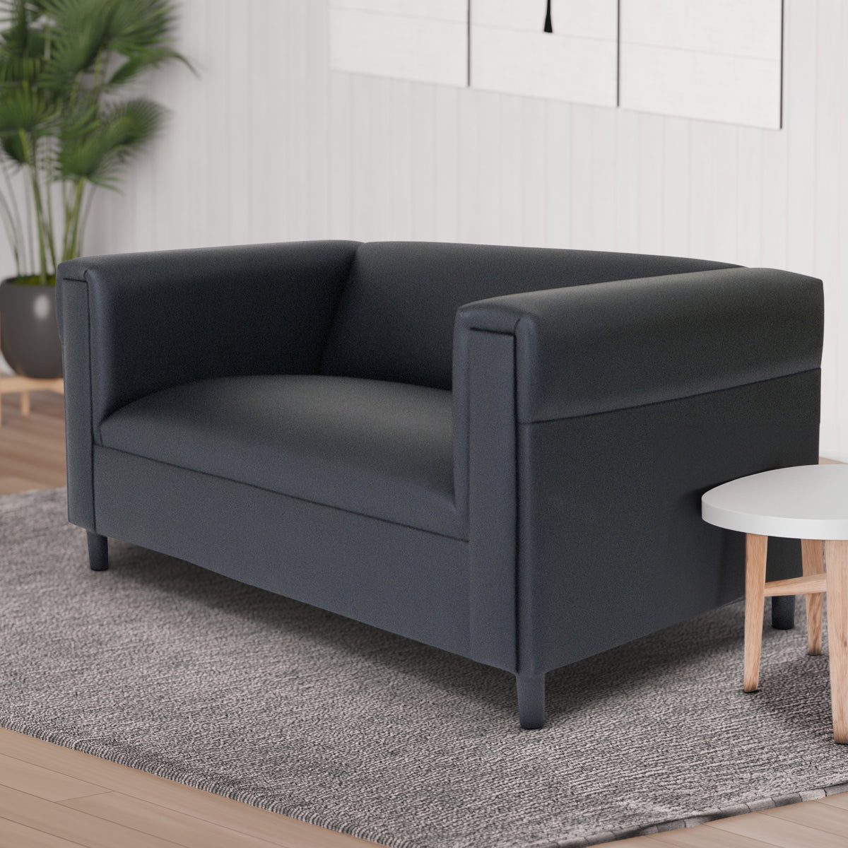 Black Faux Leather Loveseat Sofa with Solid Wood Frame Q8976