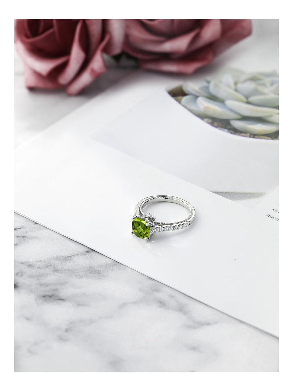 925 Sterling Silver Green Peridot and White Created Sapphire Engagement Ring (2.00 Cttw, Cushion) O128