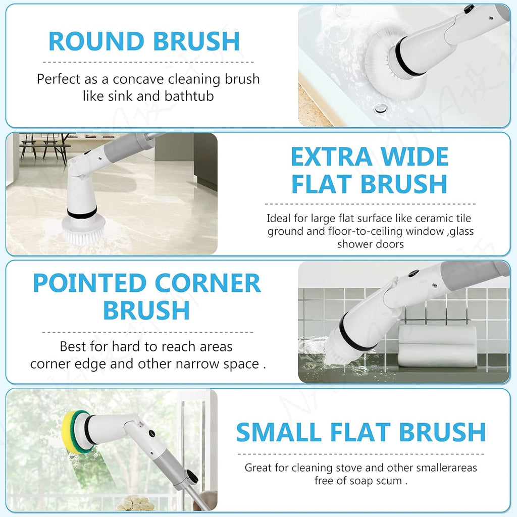 Electric Spin Scrubber with Adjustable Extension Handle & 4 Replaceable Brush Heads L848