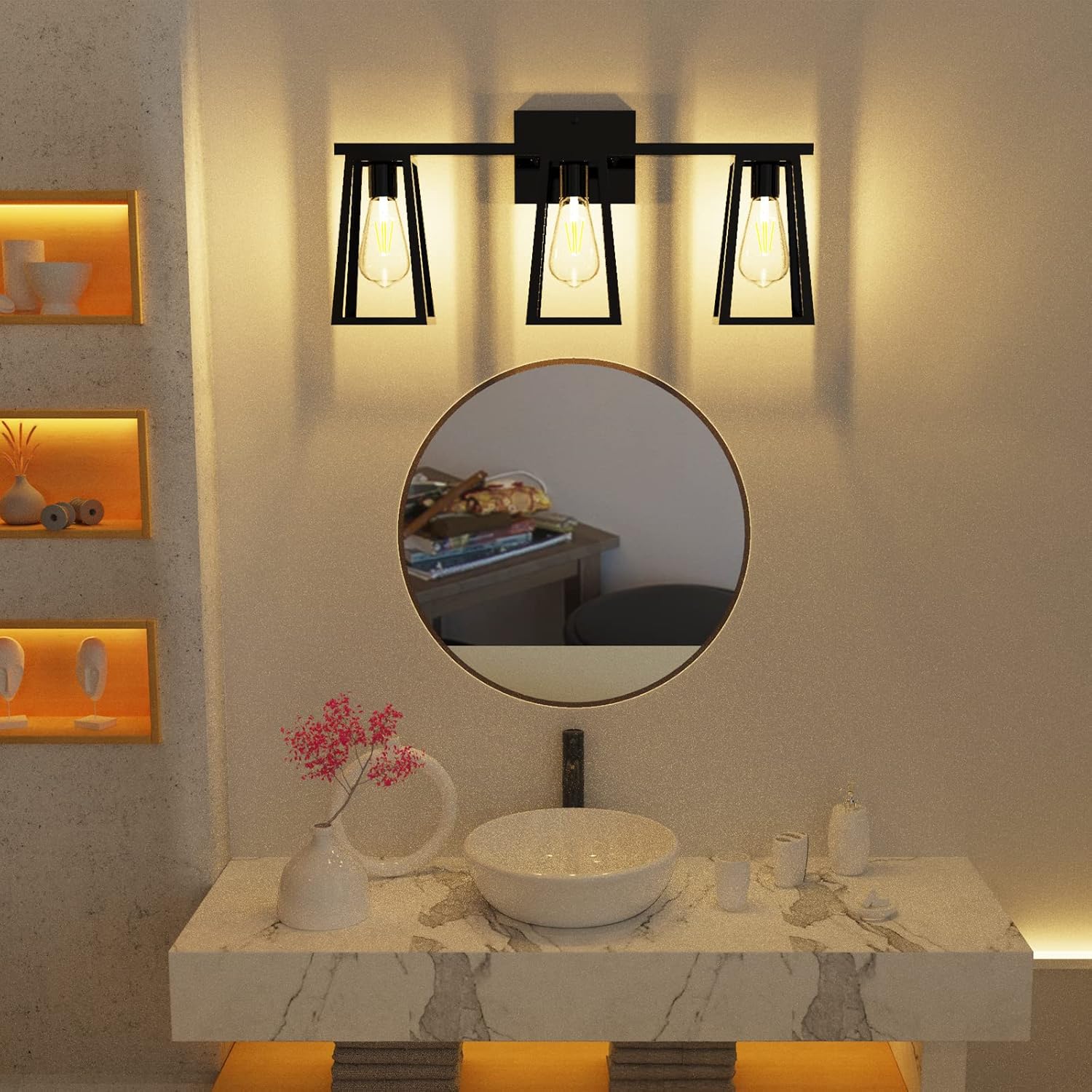 3-Light Matte Black Retro Vanity Light with Amber Glass LED Bulbs S835
