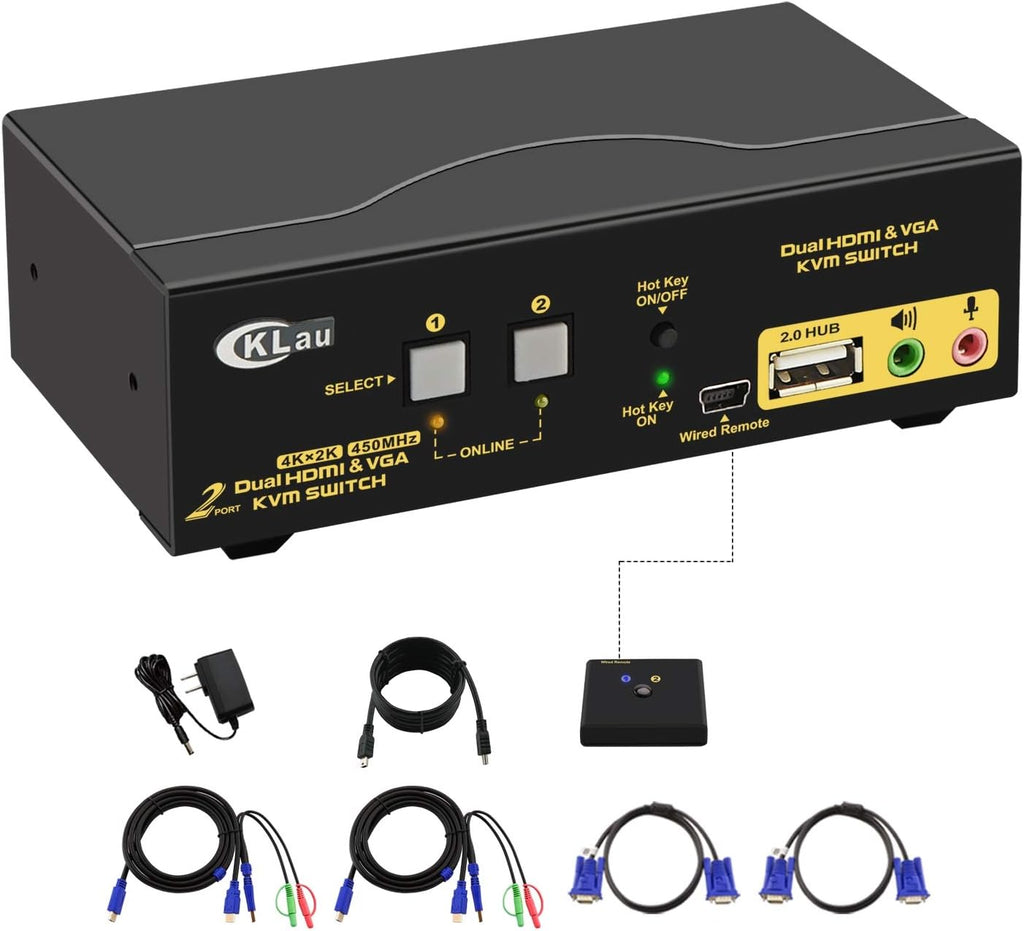 2 Port HDMI VGA Dual Monitor KVM Switch with Audio, Microphone, USB 2.0 Hub and Cables Support 4Kx2K@30Hz U2440