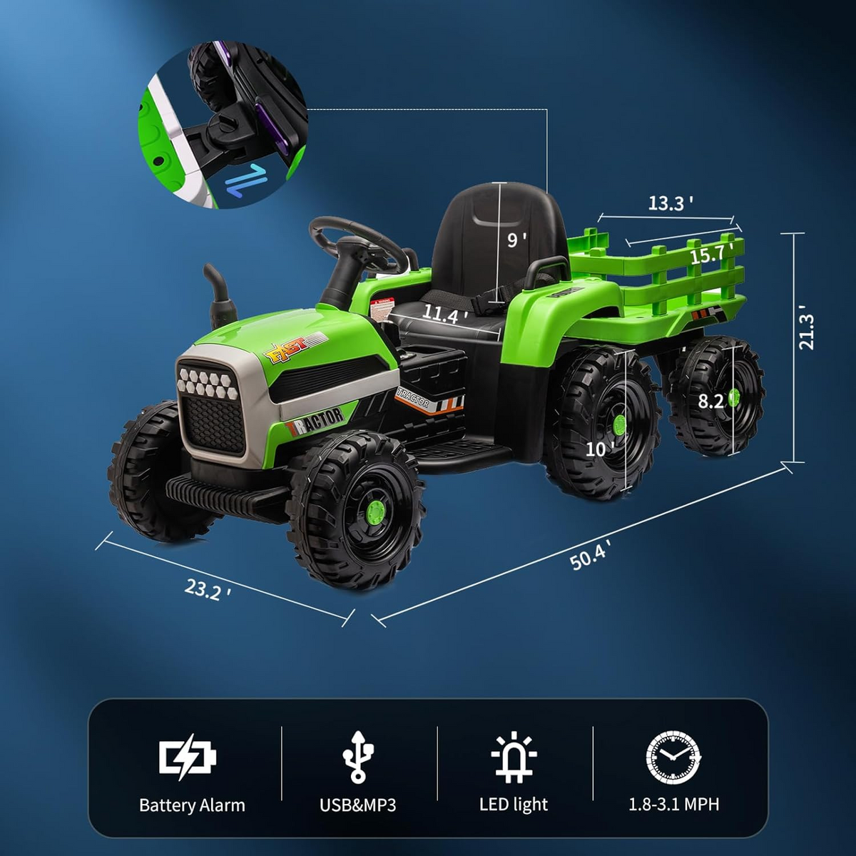 Green 12V 7AH Electric Tractor Ride on Car with Trailer V60924