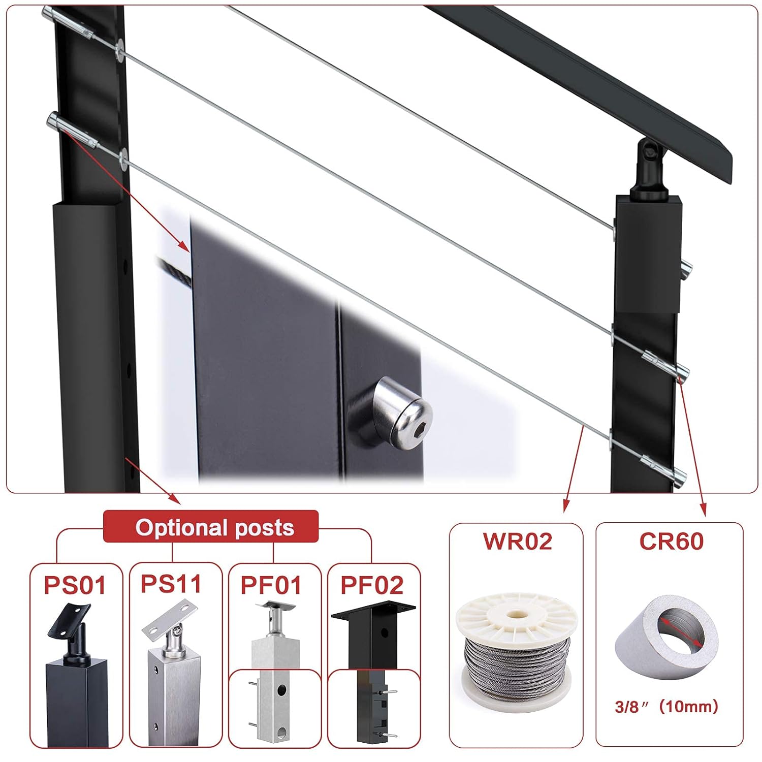 40Set Cable Railing Kit Invisible Swageless Turnbuckle Tensioner Terminal Hidden Round Head for 2x2 Metal Post Deck Stairs G17017