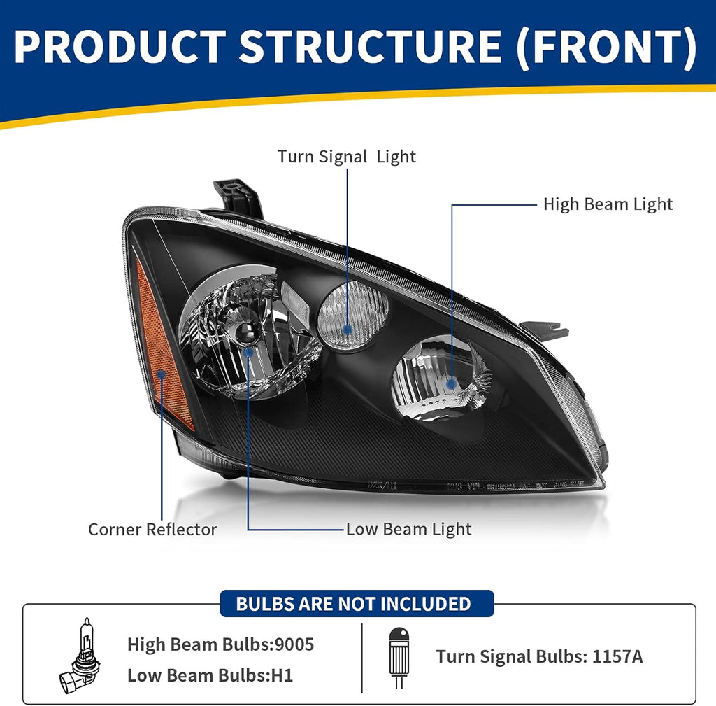 Headlight Assembly Compatible with 2005 2006 Altima Black Housing Amber Reflector Z279