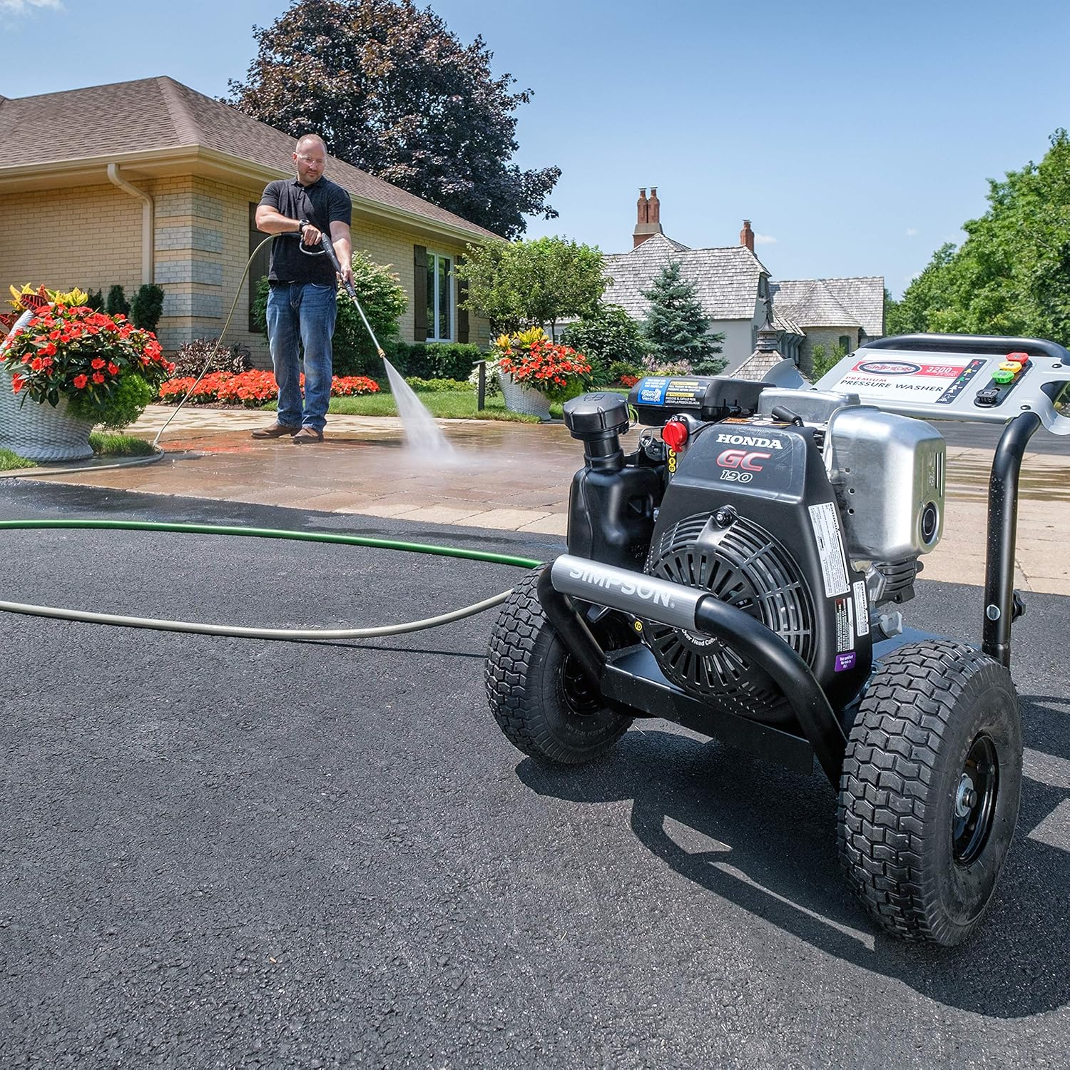 3200 PSI Gas Pressure Washer with Honda GC190, 2.5 GPM, 3/8" x 100' 4500 PSI Cold Water Hose W767518