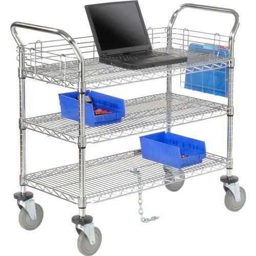 Chrome 3 Shelf Utility Cart with Polyurethane Brake Casters O8834
