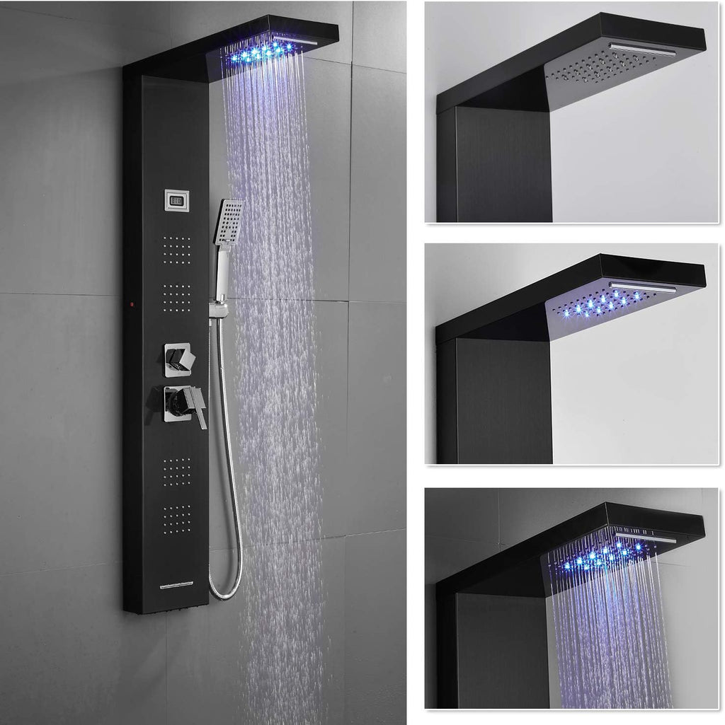 Stainless Steel Shower Panel Tower System with LED Rainfall Shower Head, Handheld Shower Head, 4 Body Jets, Tub Spout, Water Temperature Display R27405