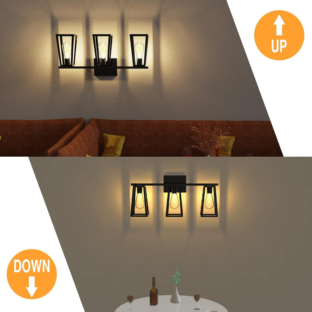 3-Light Matte Black Retro Vanity Light with Amber Glass LED Bulbs S835