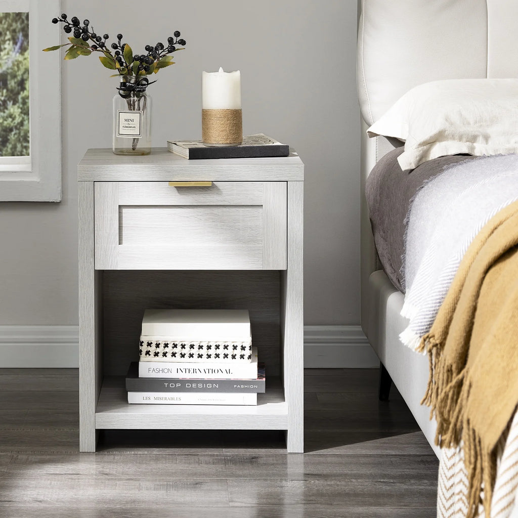 Pale Oak Nightstand with Drawer and Storage Shelf P42250