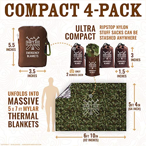 4-Pack Extra-Large Thermal Mylar Emergency Blankets with Ripstop Nylon Stuff Sacks L1600