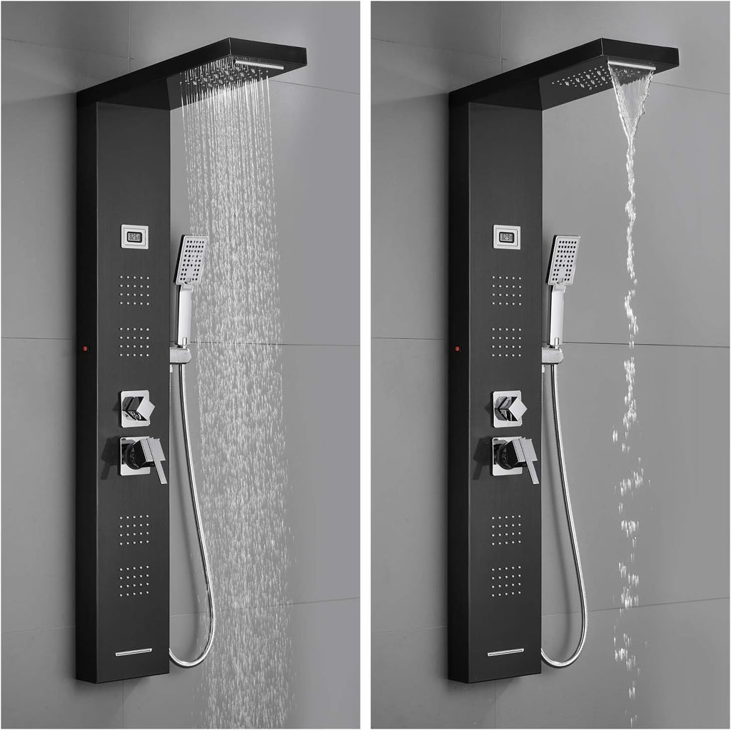 Stainless Steel Shower Panel Tower System with LED Rainfall Shower Head, Handheld Shower Head, 4 Body Jets, Tub Spout, Water Temperature Display R27405