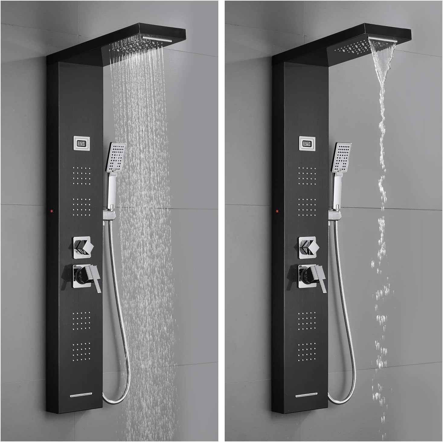 Stainless Steel Shower Panel Tower System with LED Rainfall Shower Head, Handheld Shower Head, 4 Body Jets, Tub Spout, Water Temperature Display R27405
