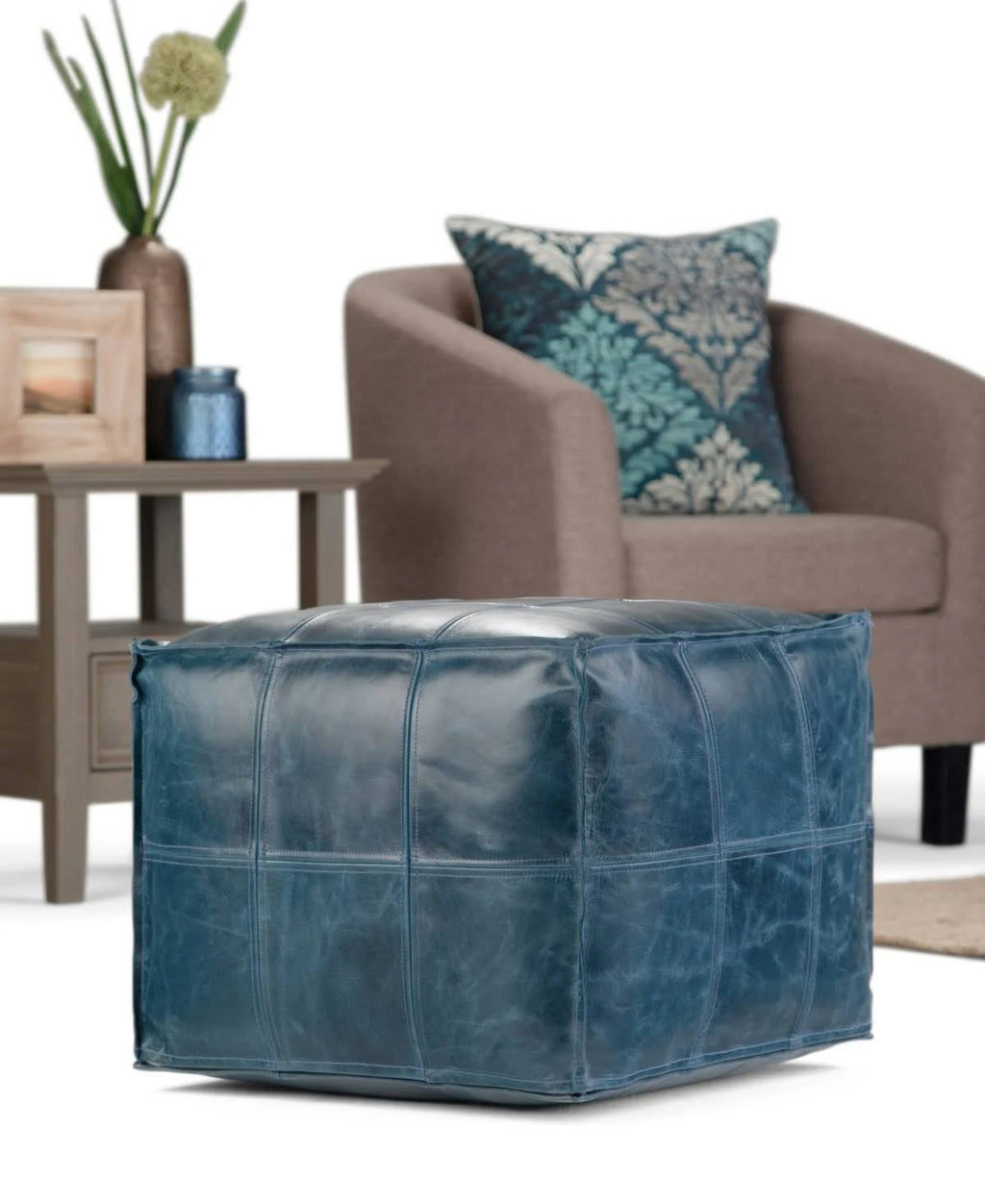 Teal Leather Square Pouf J95245