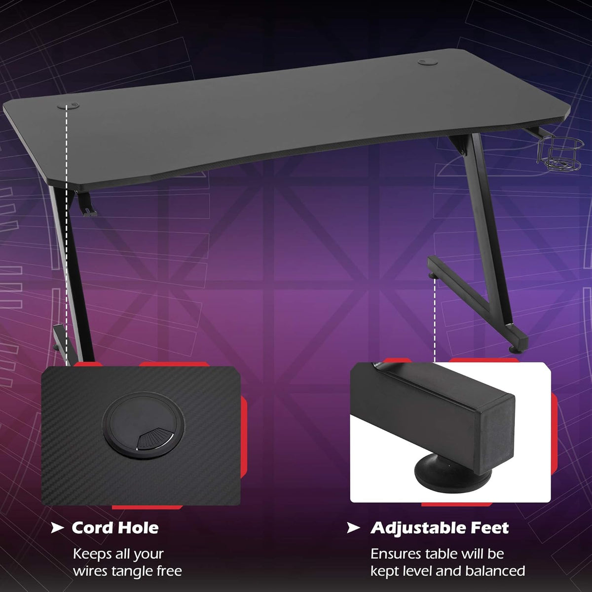 Black Gaming Desk with Cup Holder, Headphone Hook, Cable Management C8220