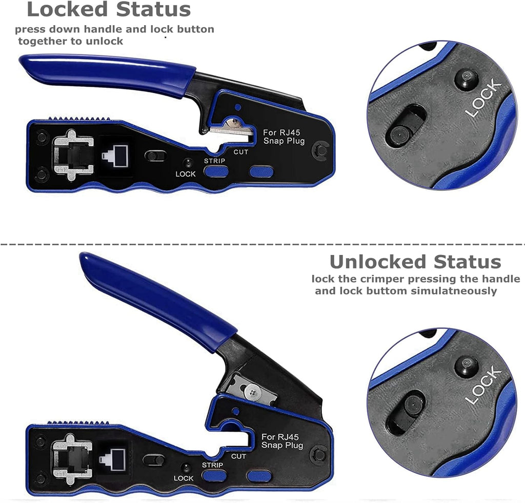 RJ45 Crimp Tool Ethernet Cable Crimper Wire Cutter Stripper Network Pass Through Crimping Tool Kit for Cat5e Cat6 Cat6a, 50Pcs Cat6 Connector & 50Pcs Cat6 Protector Cover K422