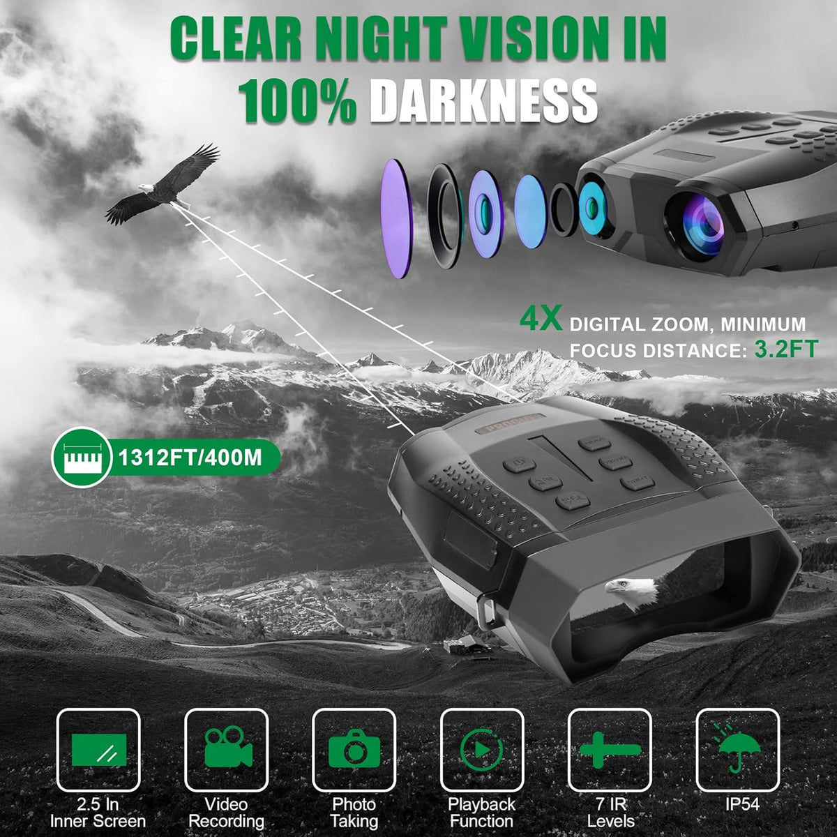 Night Vision Binoculars Infrared Goggles 1080p Full HD Video 1312FT Viewing Range 2.5” LCD 32G Memory Card N788