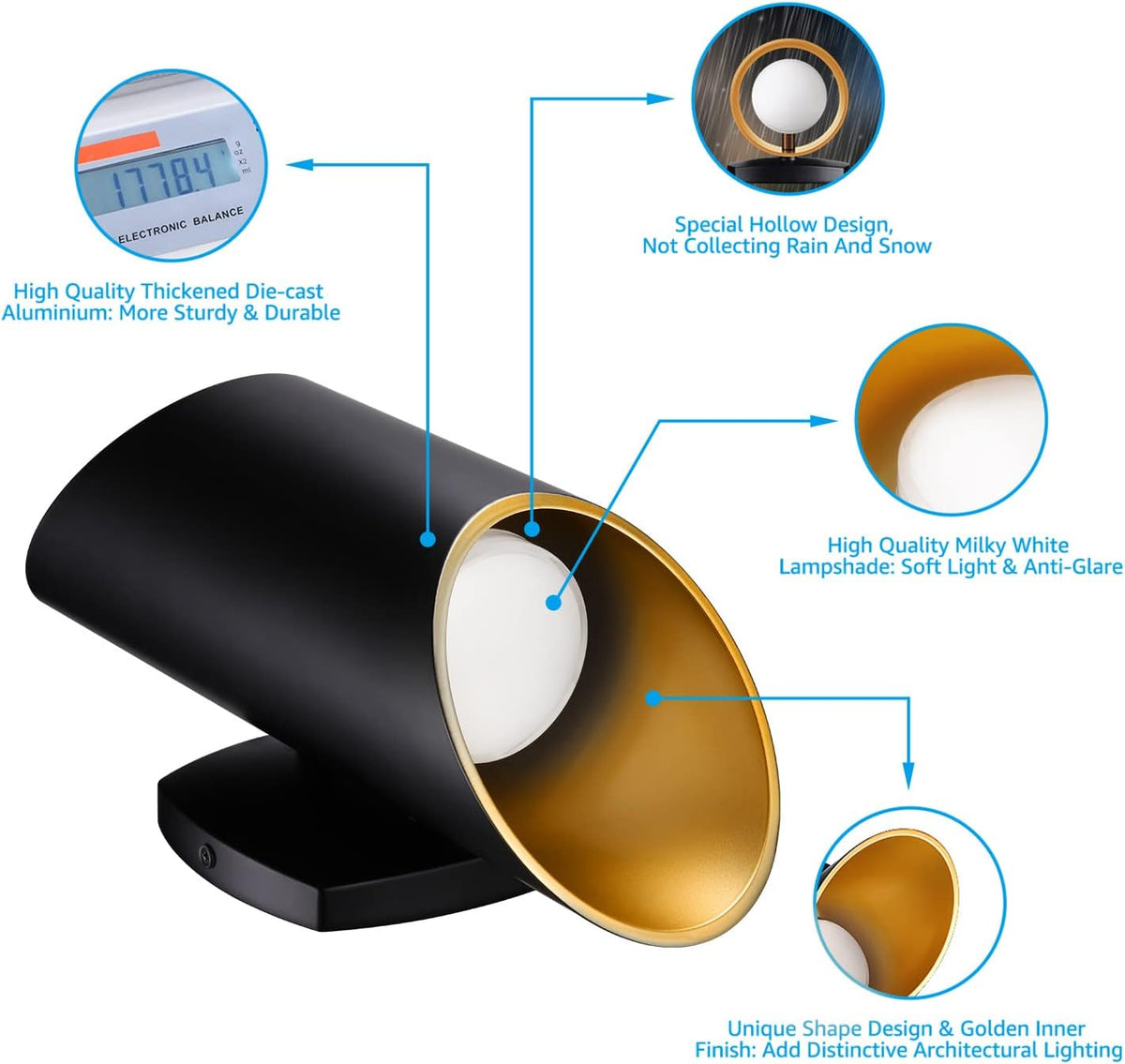 Matte Black Aluminum and Gold Finish LED Wall Light, Pack of 2 V472