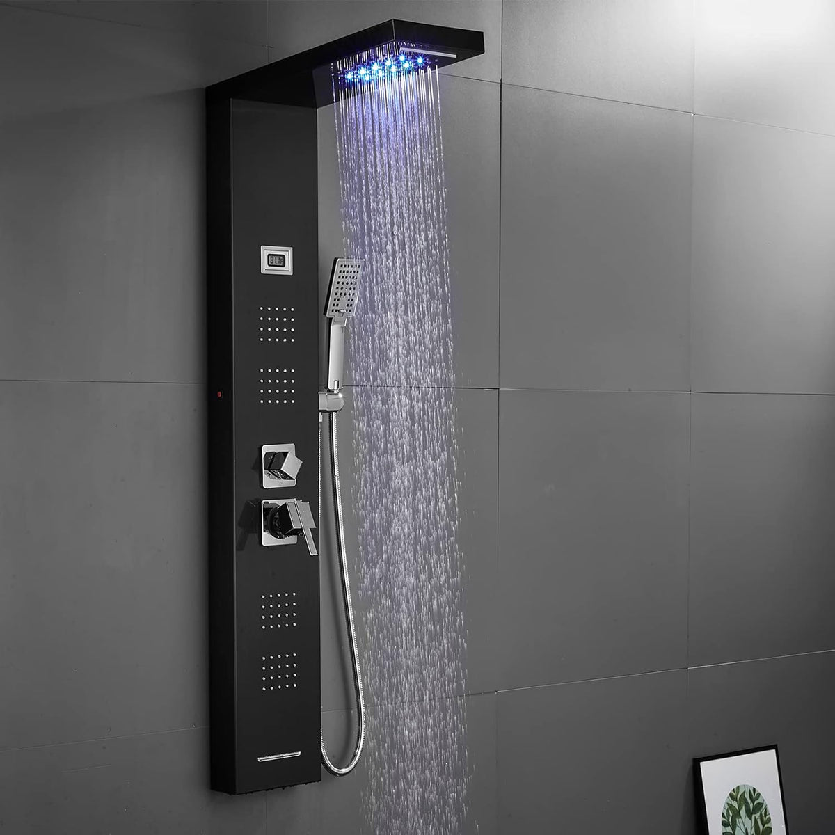 Stainless Steel Shower Panel Tower System with LED Rainfall Shower Head, Handheld Shower Head, 4 Body Jets, Tub Spout, Water Temperature Display R27405