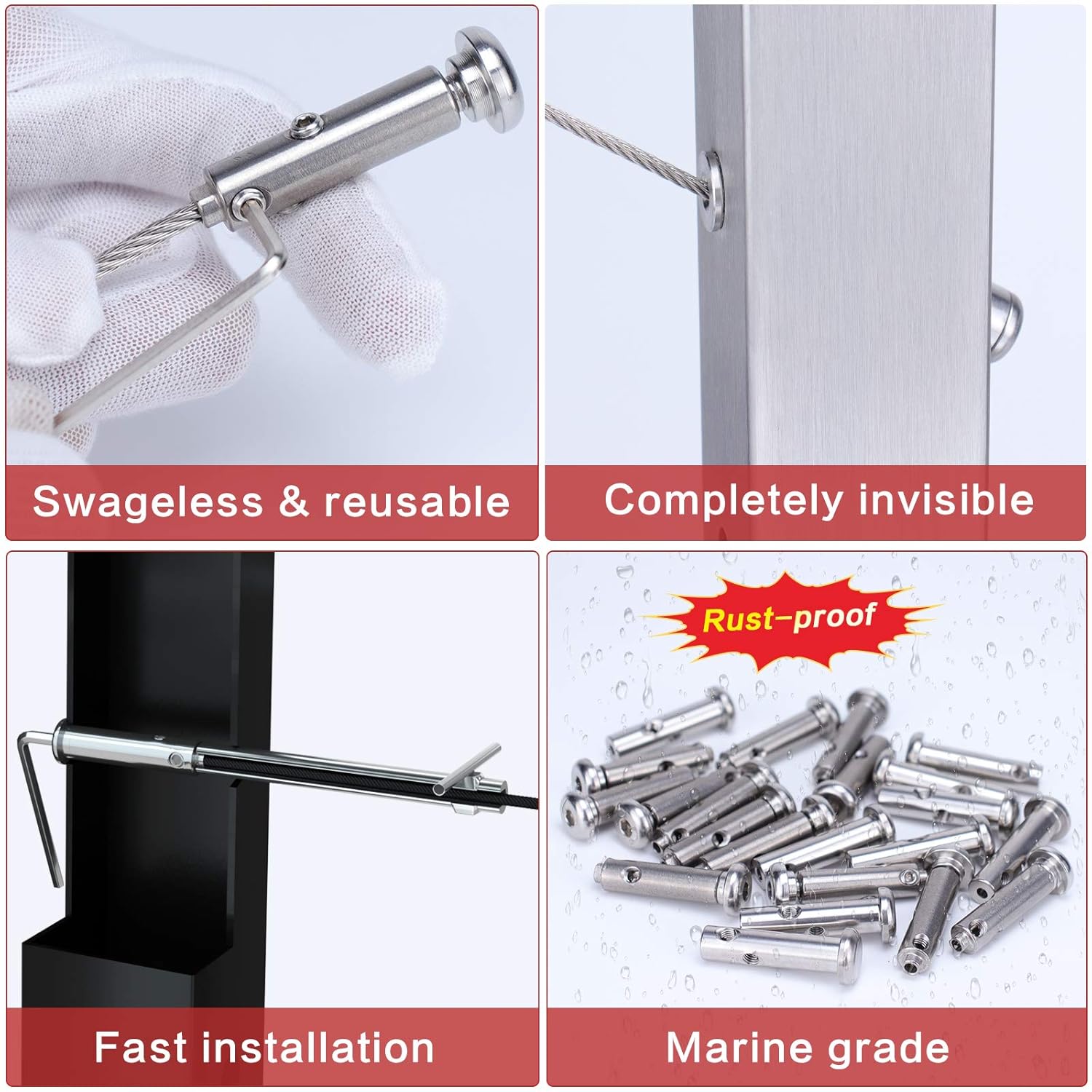 40Set Cable Railing Kit Invisible Swageless Turnbuckle Tensioner Terminal Hidden Round Head for 2x2 Metal Post Deck Stairs G17017