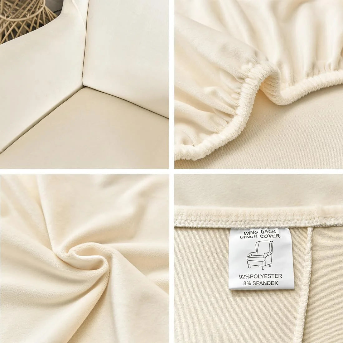 Beige Velvet Stretch Wingback Chair Sofa Slipcover with Elastic Bottom I5340