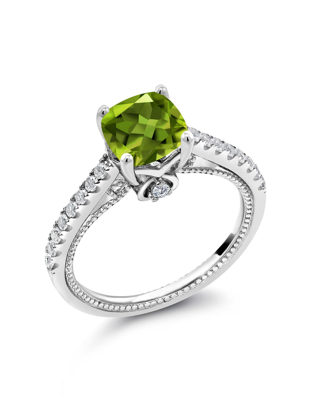 925 Sterling Silver Green Peridot and White Created Sapphire Engagement Ring (2.00 Cttw, Cushion) O128