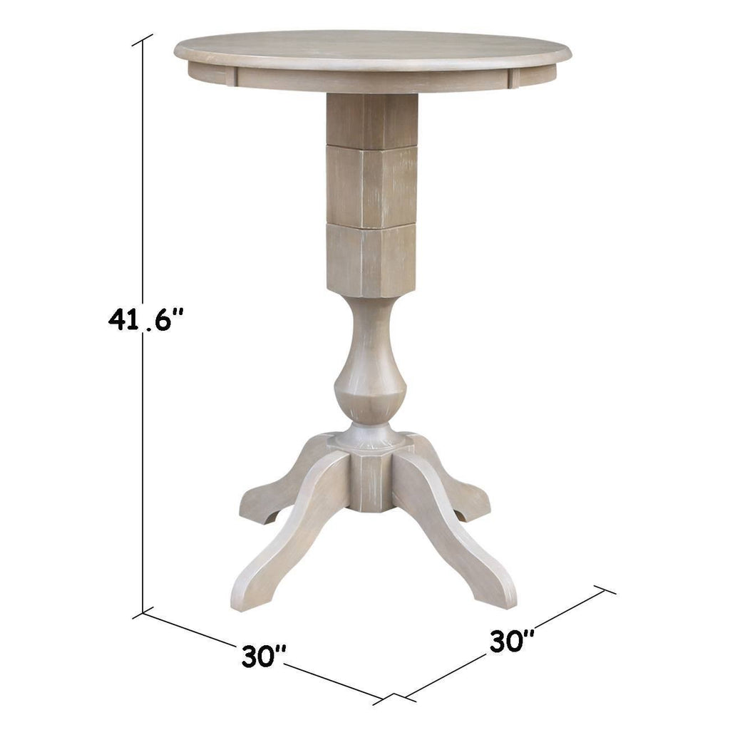 Washed Gray Taupe Round Pedestal Bar Height Table with 2 Bar Height Stools B567