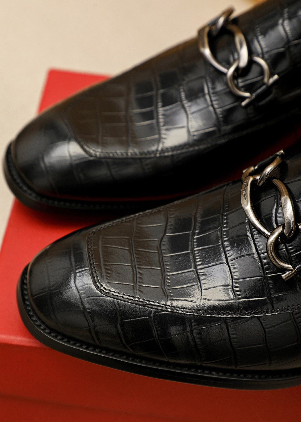 Ferragamo Black Embossed Bit Loafers - Croc-Embossed Texture