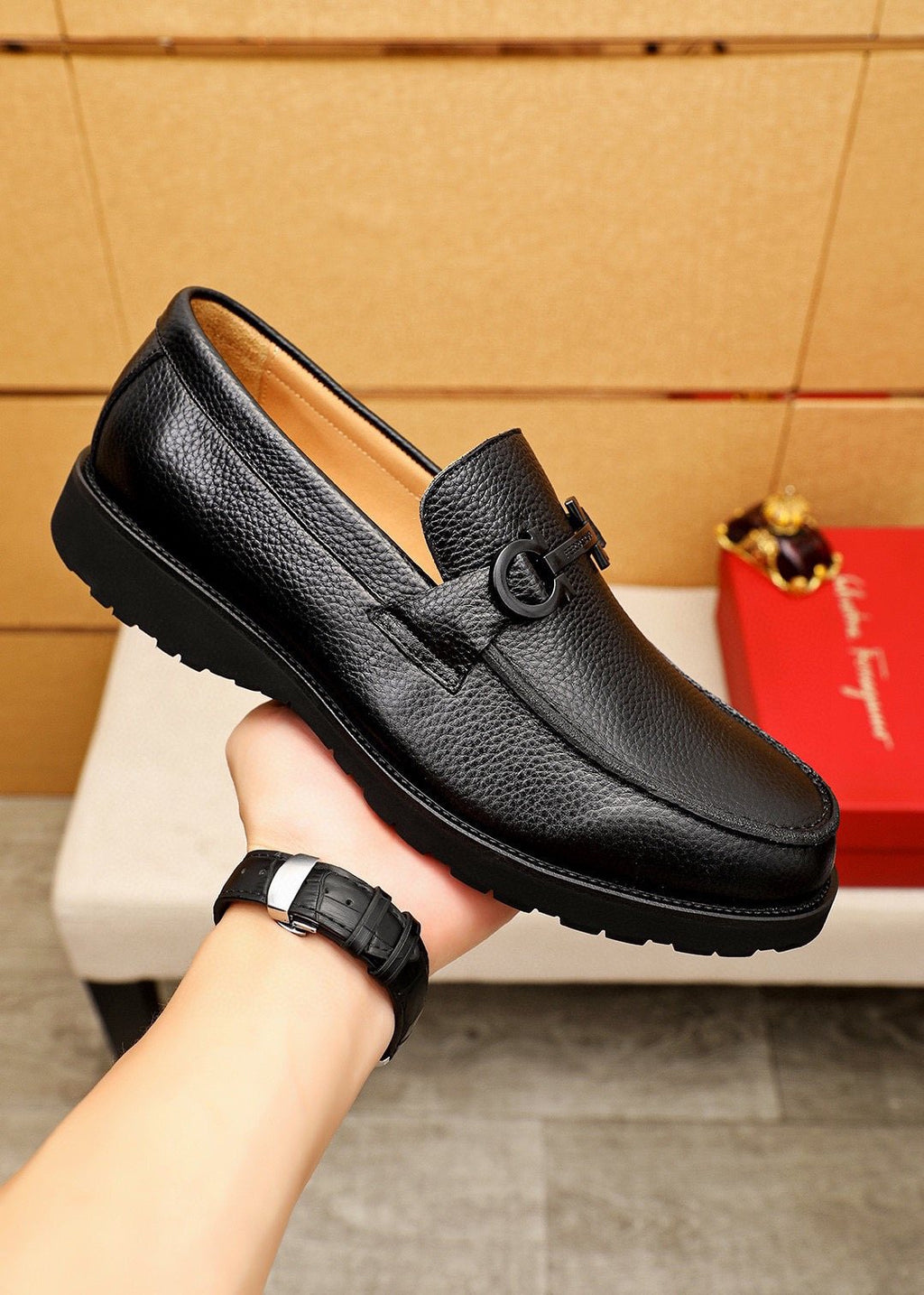 Ferragamo Black Textured Leather Slip-On Loafers